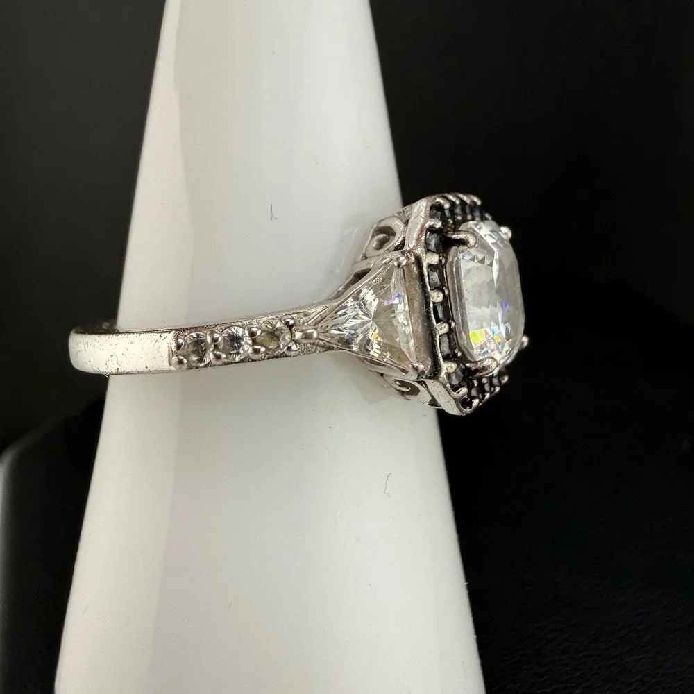 Vintage Diamonique Ring CZ Black Halo 925 Sterling Silver Size 8.25